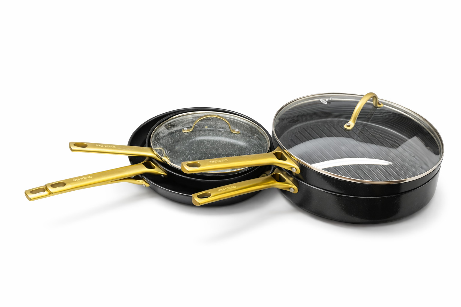GreenPan 7 Pc Cookware Set Fry Pans Nonstick Ceramic Black Gold Handles