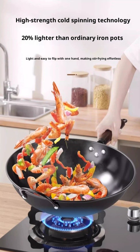 32/34/36CM Wooden Handle Iron Wok Non-Stick Stir Fry Pans Gas Stove Induction AU