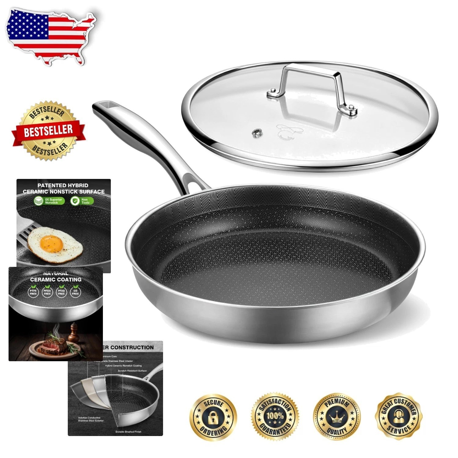 Hybrid Nonstick 12 Inch Frying Pan 5-Ply Stainless Steel, Oven Safe 500°F