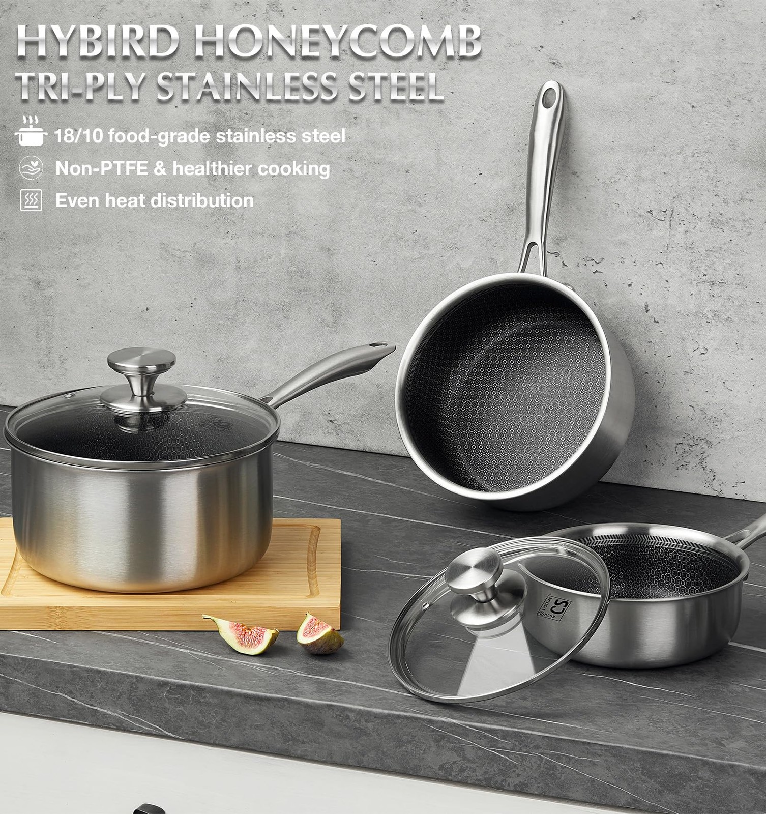 Hybrid Nonstick Stainless Steel Saucepan Set, 6-Piece Triply Stainless Steel …