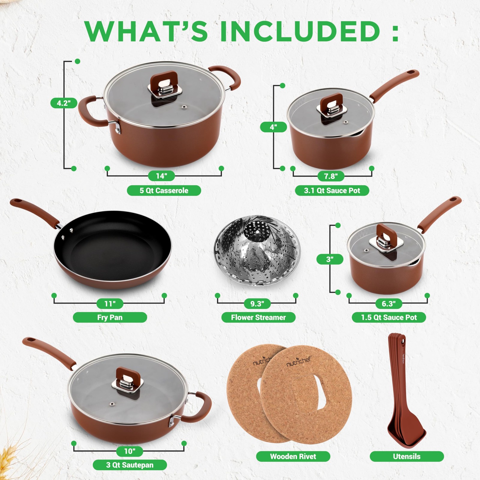 NutriChef Space Saver 17-Piece Nonstick Cookware Set – Brown One Size,
