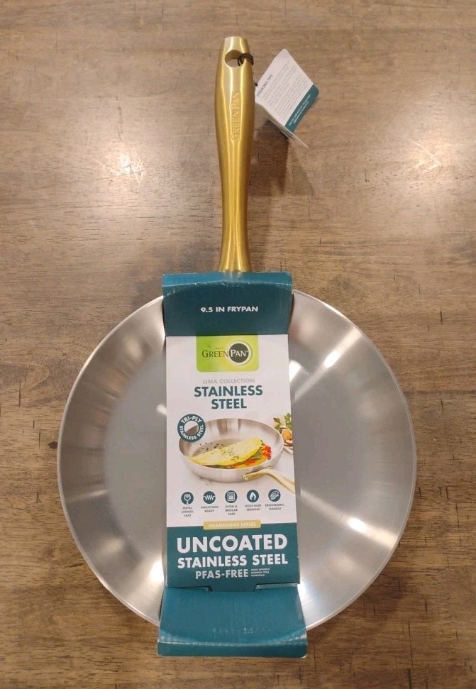 Green Pan Uncoated 3-Ply Stainless Steel 9.5 Inch Frypan Grill Pan PFAS-Free