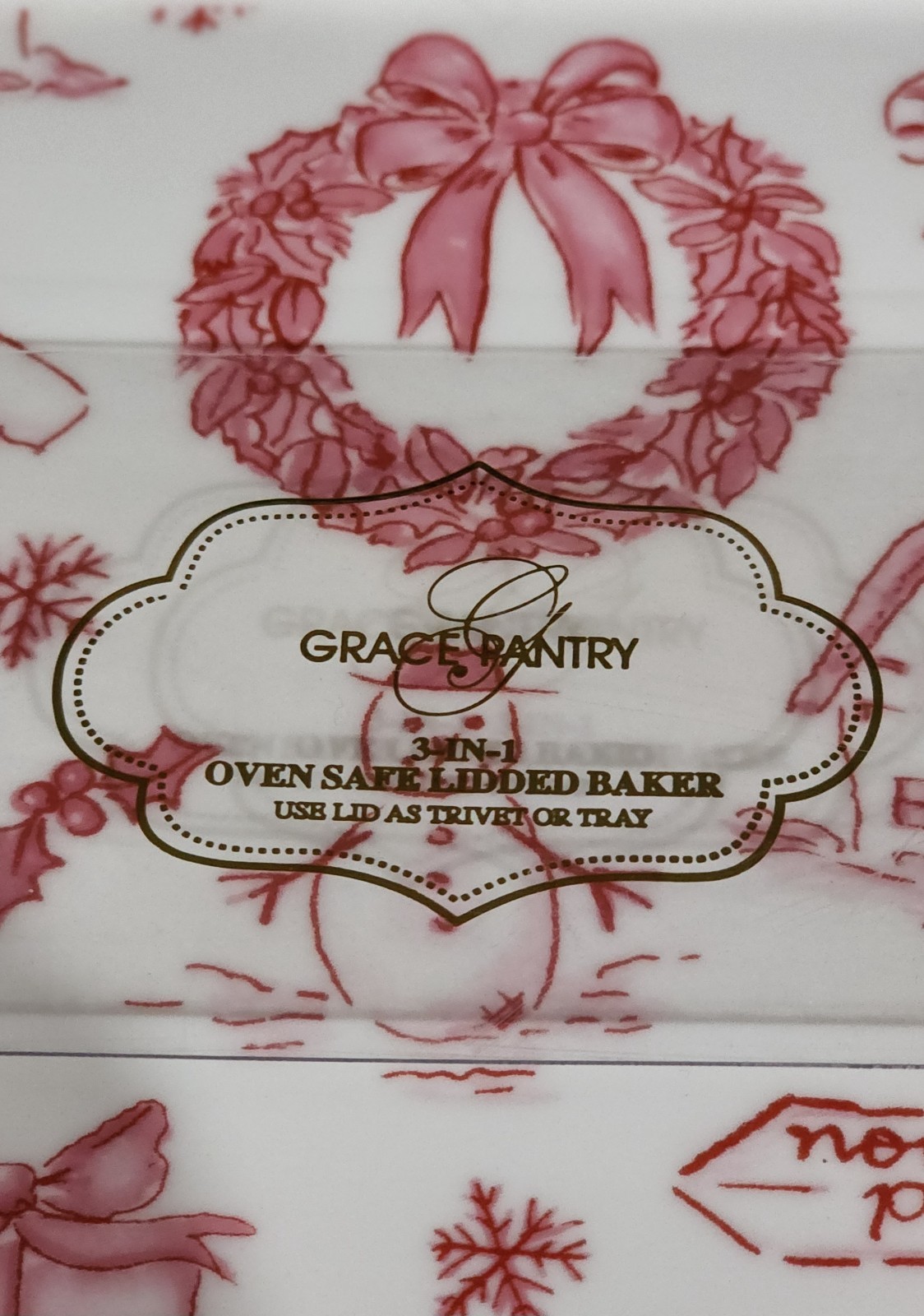 Grace Pantry Christmas PINK BOW 2qt Rectangular Baker & Lid 11″ Oven Safe 3 in 1