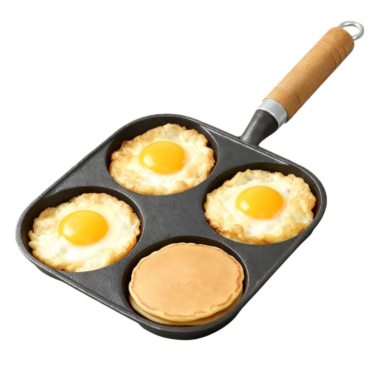 JSY Sun Cast Iron 4-Cup Egg Pan, 3.5″ Deep Cups for Perfect 7.6″, Black