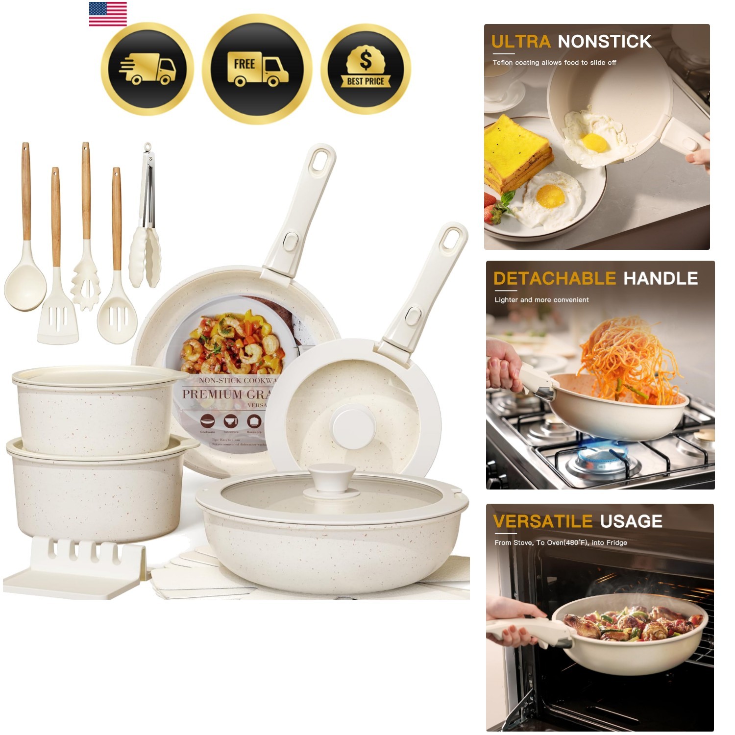 Ceramic Nonstick Cookware Set Pots Pans with Detachable Handle 21 Pcs Oven Safe