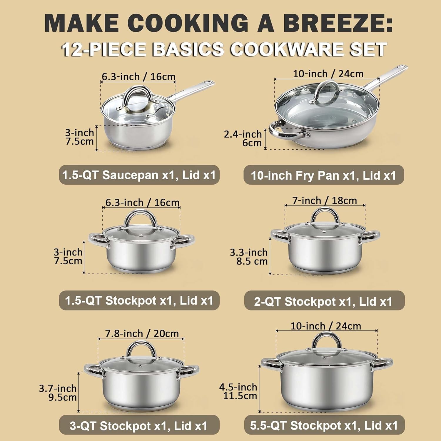 Kitchen Cookware Sets, 12-Piece Basic Stainless Steel Pots and Pans, Silver