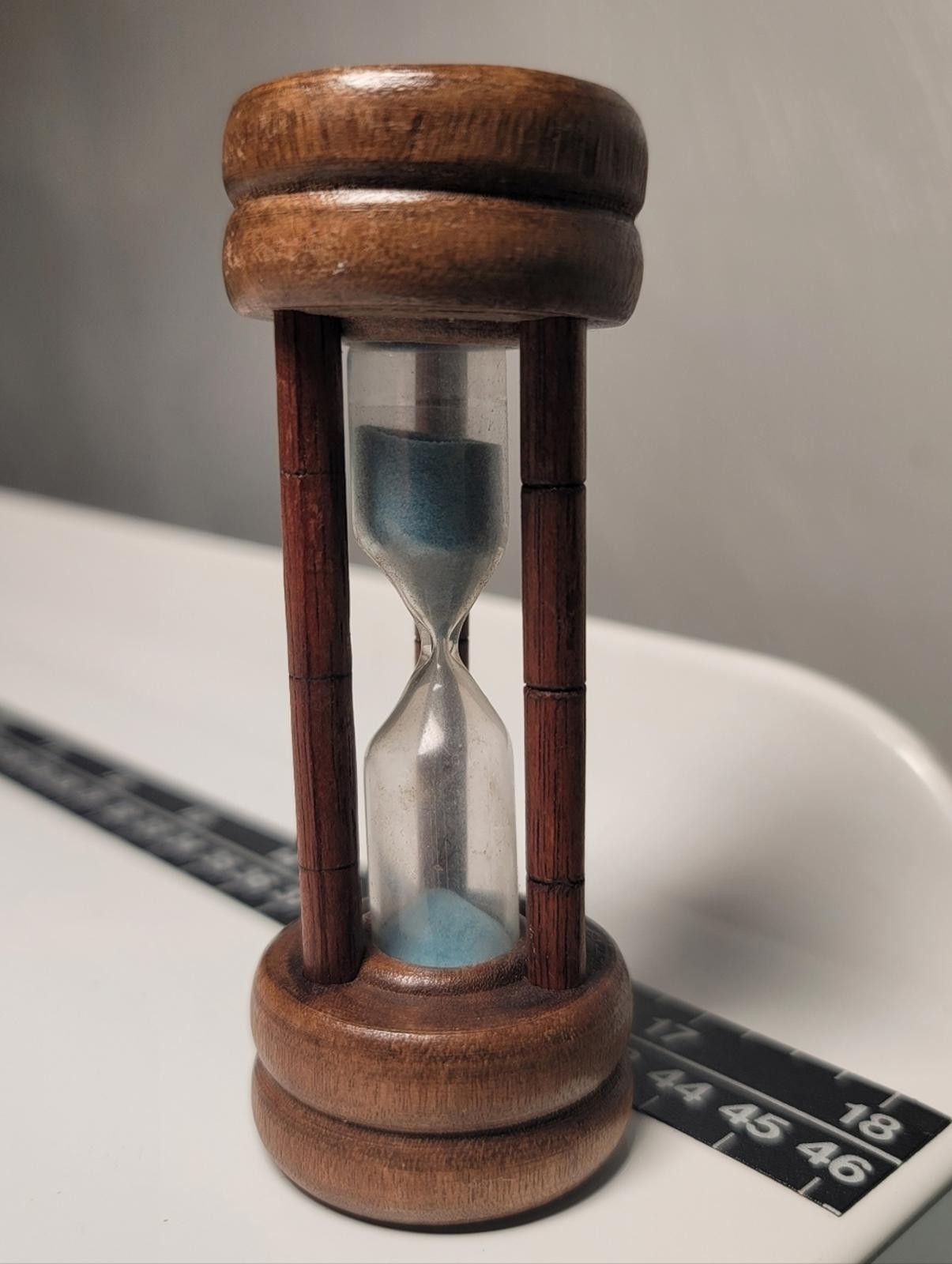 Vintage Wooden Hourglass with Blue Sand. 4″