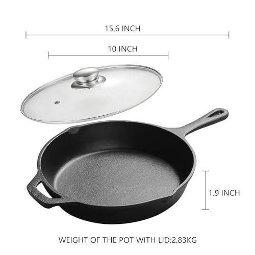 Cast Iron Skillet, Frying Pan for Grilling, Searing, Baking (10 inch with Lid)