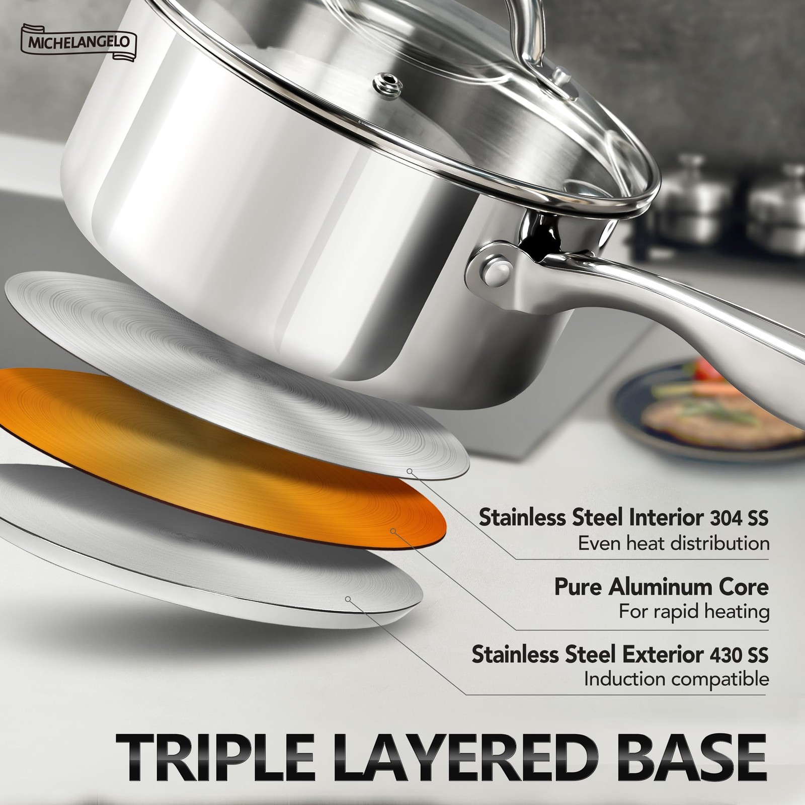 1.5 QT Saucepan with Lid 18/10 Stainless Steel Sauce Pan with Tri-Ply Bottom
