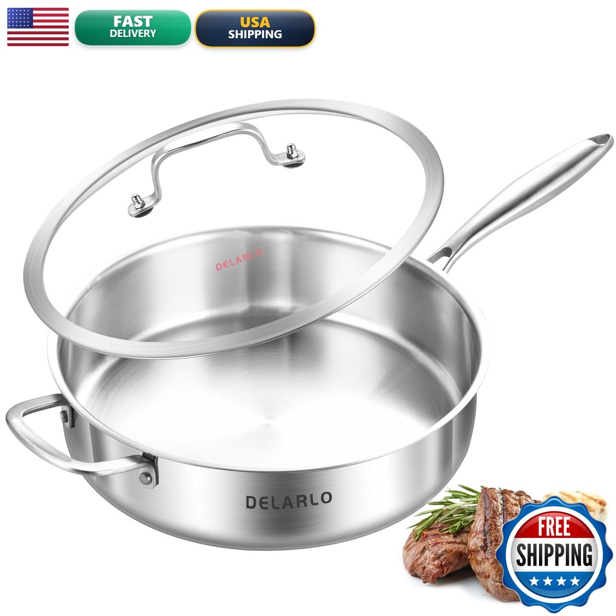 Delarlo Tri-Ply Stainless Steel Saute Pan Lid 5.5Qt12.3Inch Deep Frying