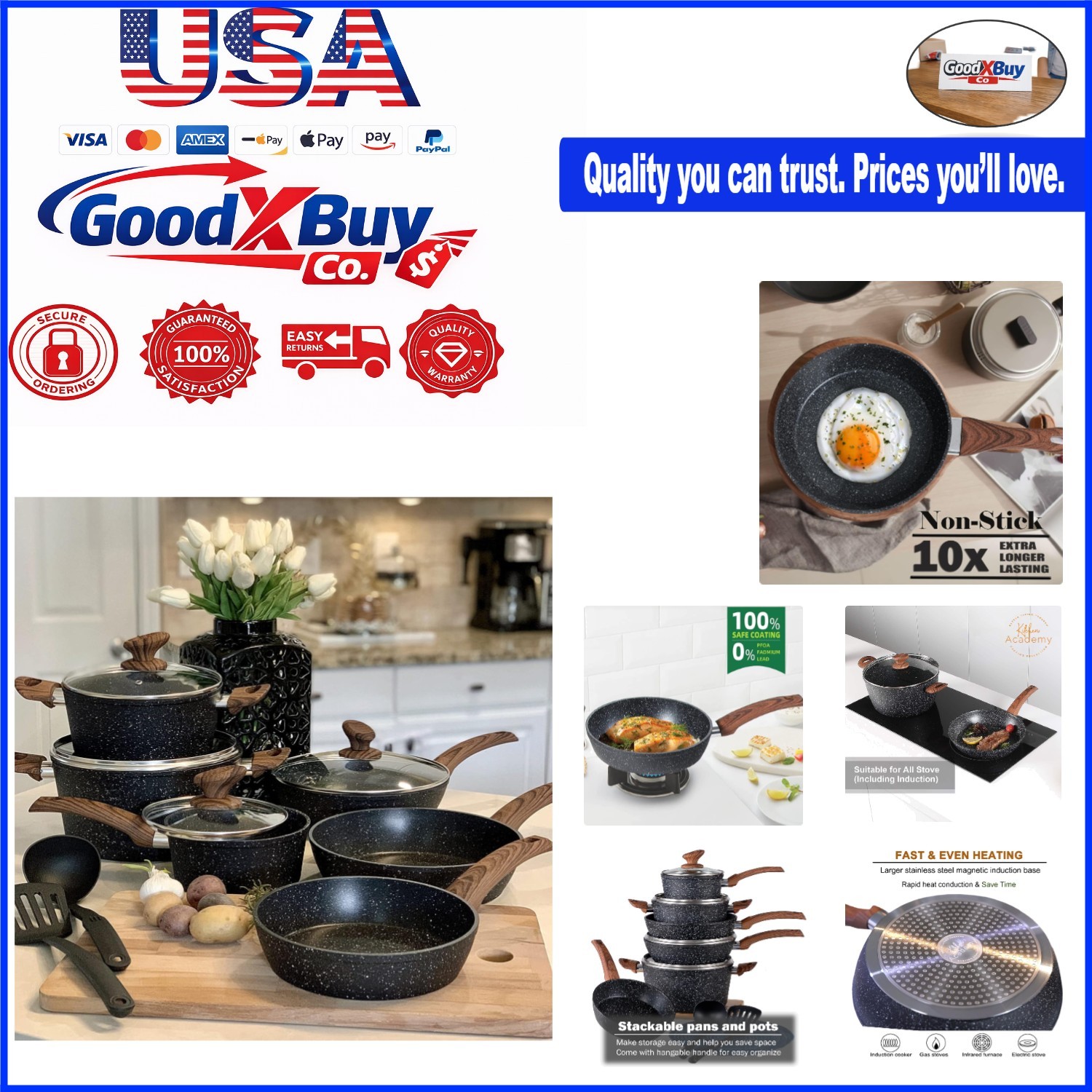 12-Piece Nonstick Granite Cookware Set Induction Compatible Black with Lids &…
