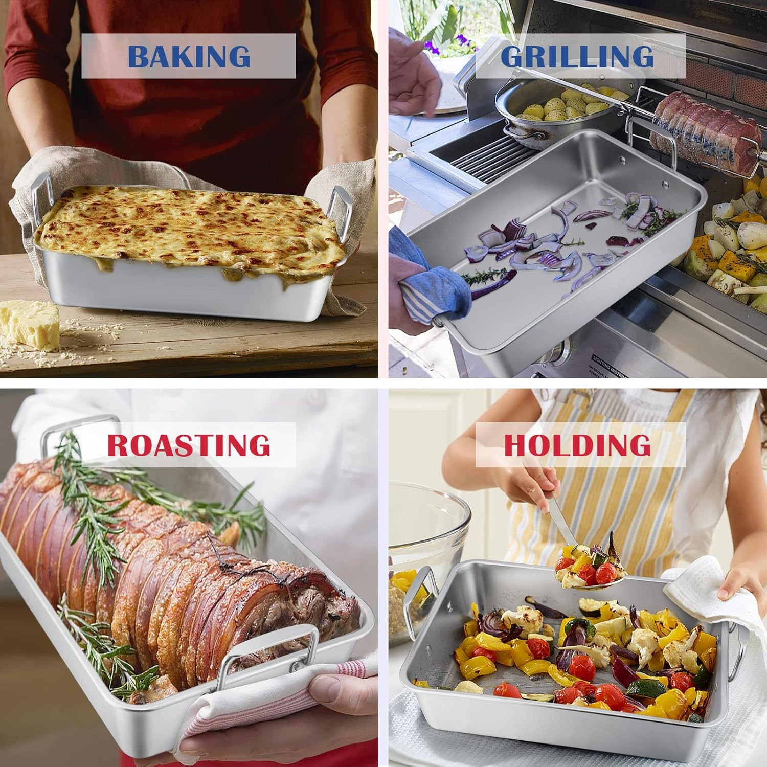Roasting Pan with Rack Set, Large 15.2In Stainless Steel Lasagna Roaster Pan, Ba