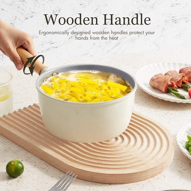 Nonstick Ceramic Saucepan W/ Lid Wooden Handle Steamer Pot 3QT Heat Resistant US