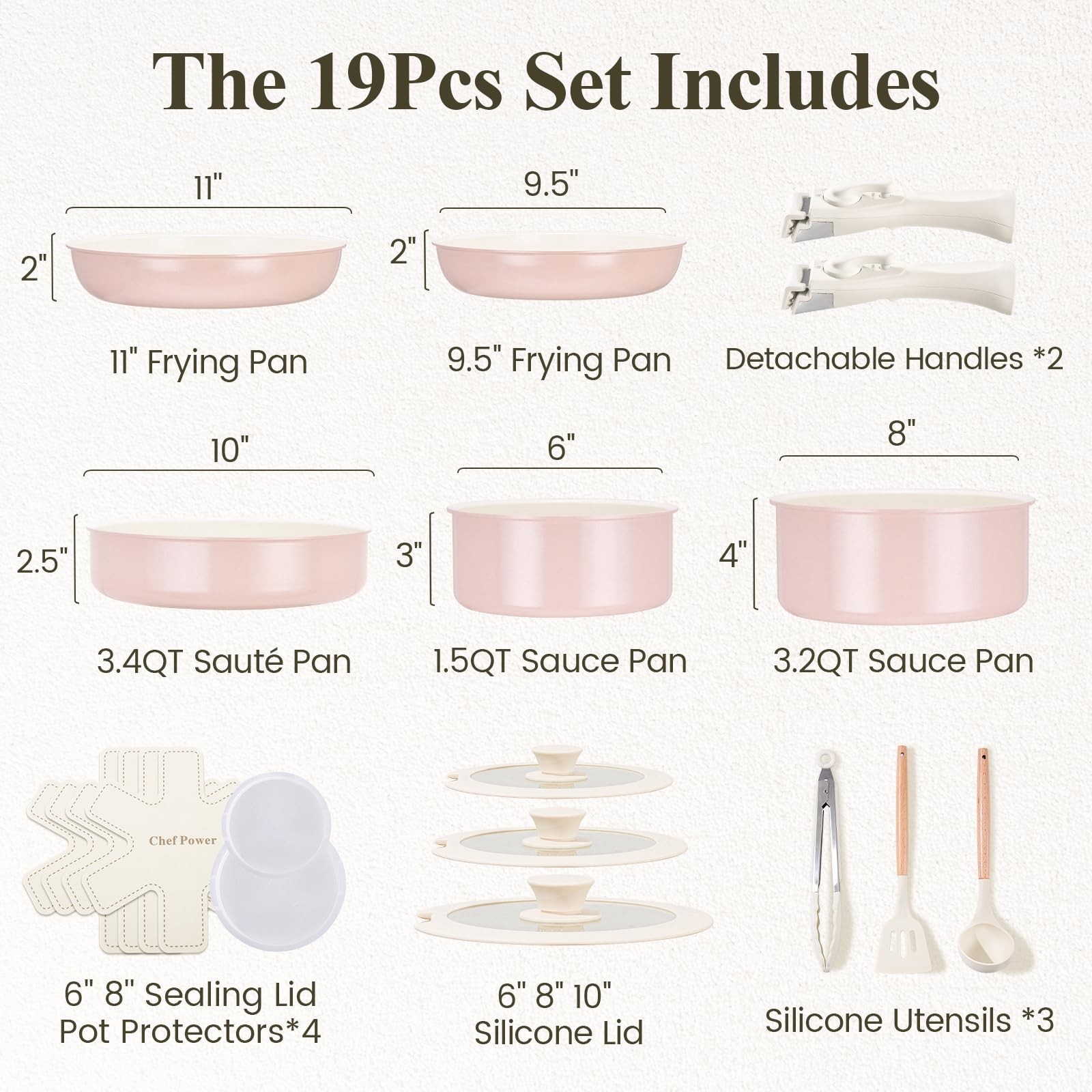 Ceramic Nonstick Pots and Pans Set 19 Piece with Detachable Handle, Induction…