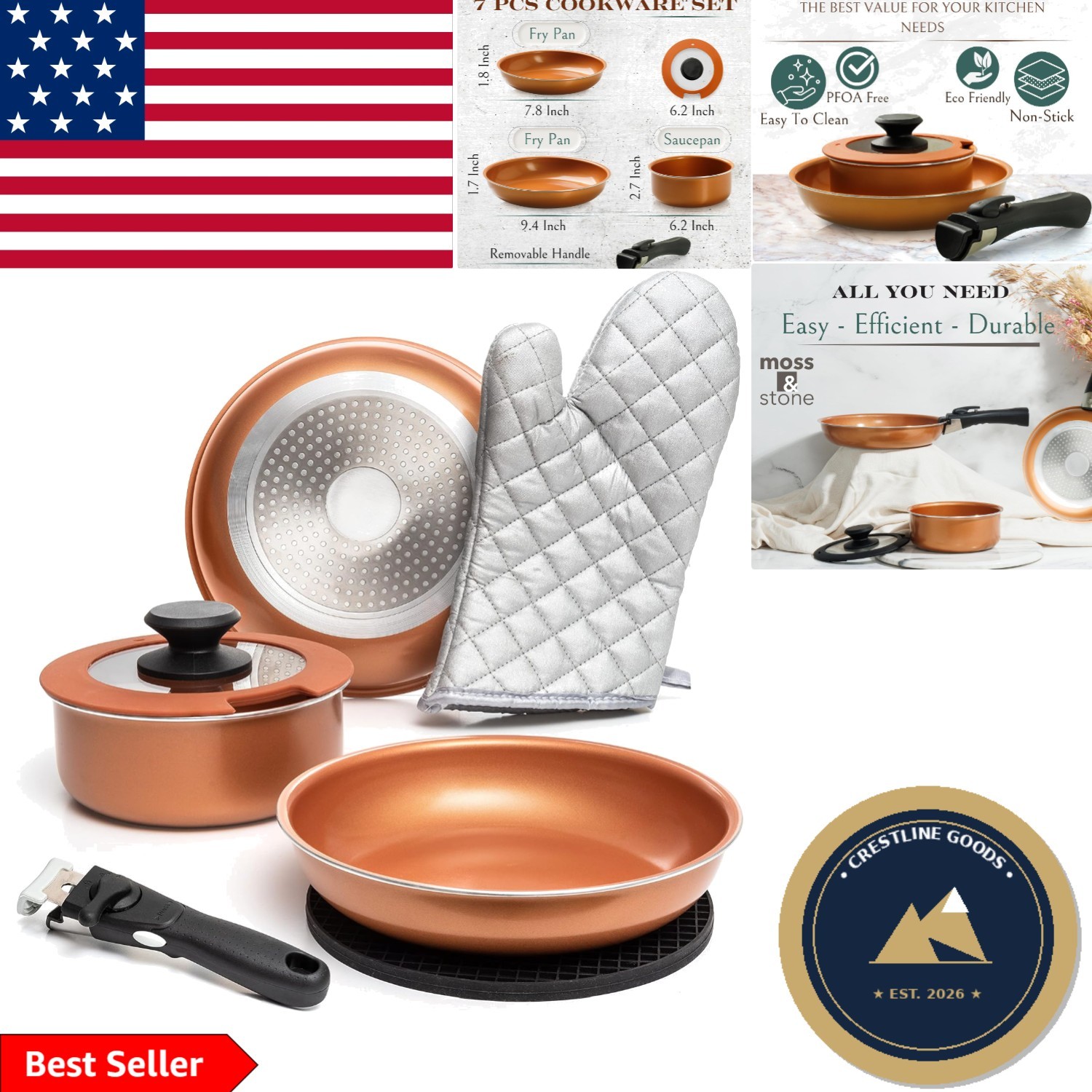 Elegant 7-Pc Copper Nonstick Pots and Pans Set – Removable Handles & Stackable