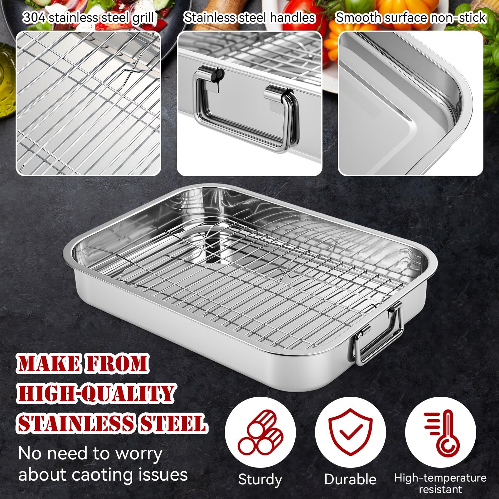 2 Set Stainless Steel Roasting Pan with Rack and Handle for Oven Roasting Pan…