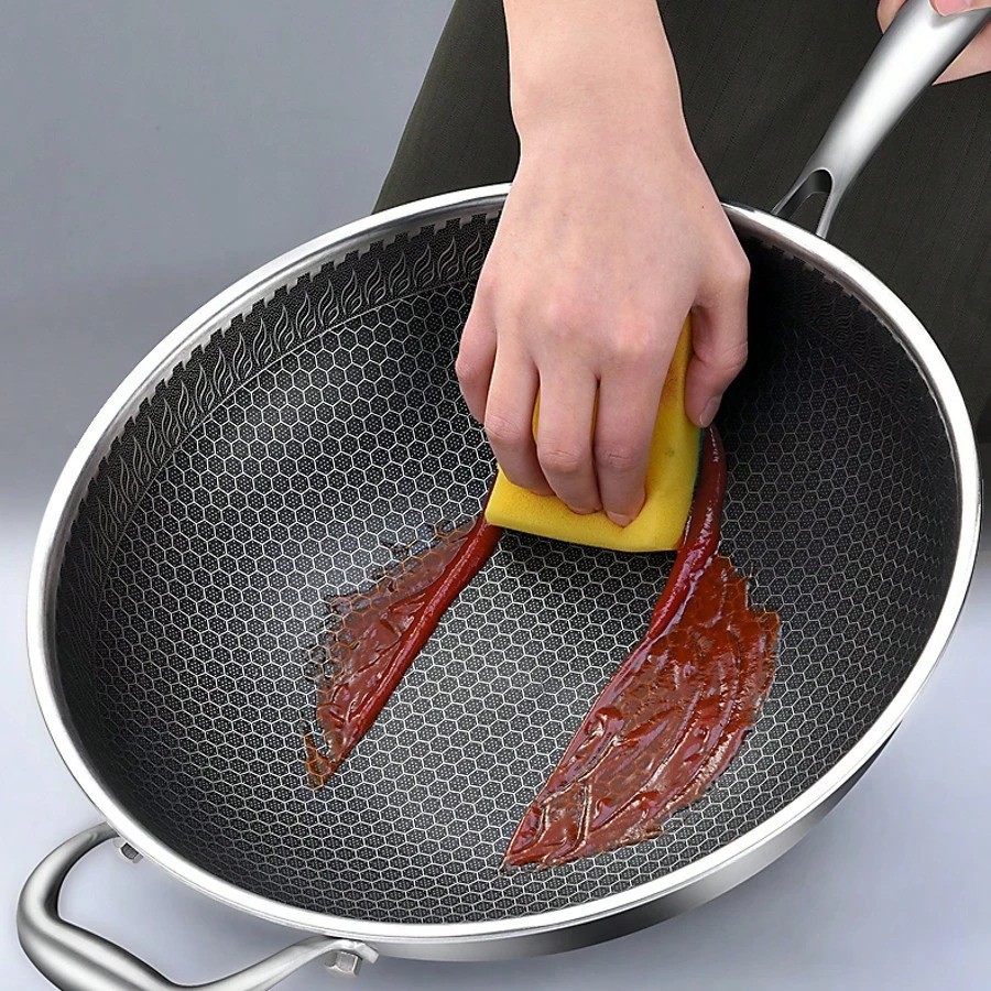 13.3 Inch Stainless Steel Wok Pan with Lid Honeycomb Nonstick Frying Pan