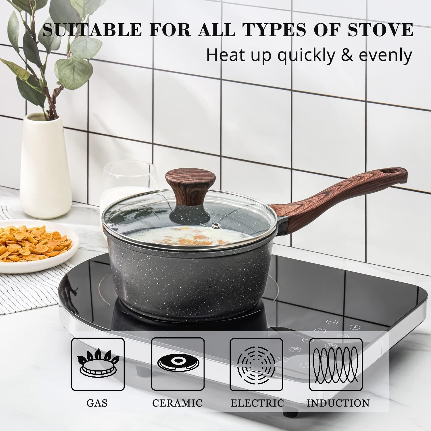 Swiss Nonstick Granite Coated Saucepan – 2.5 Quart Medium Pot with Glass Lid