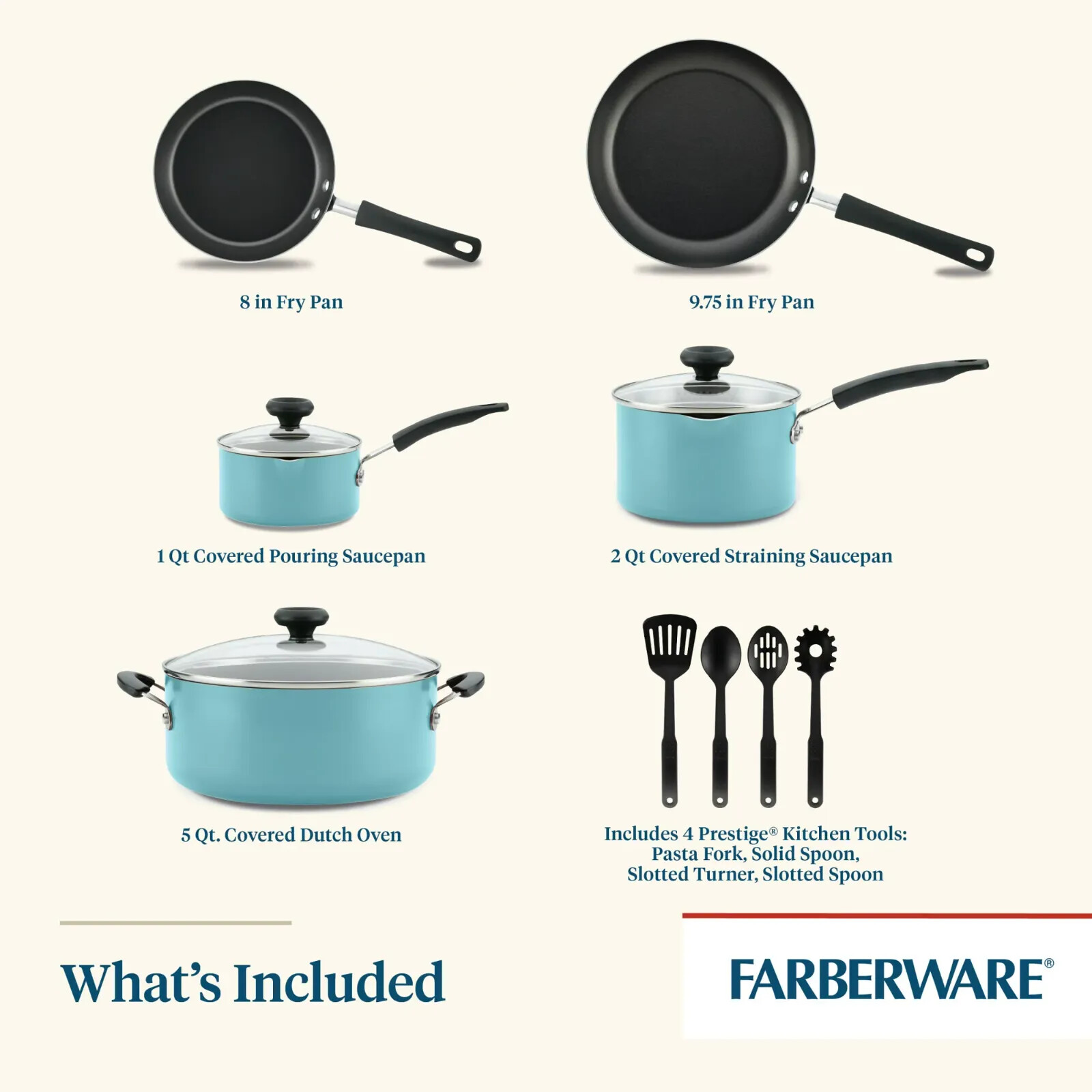 New Aqua Nonstick Cookware Set Stock Pot Saucepan Fry Skillet Pan Pasta Fork