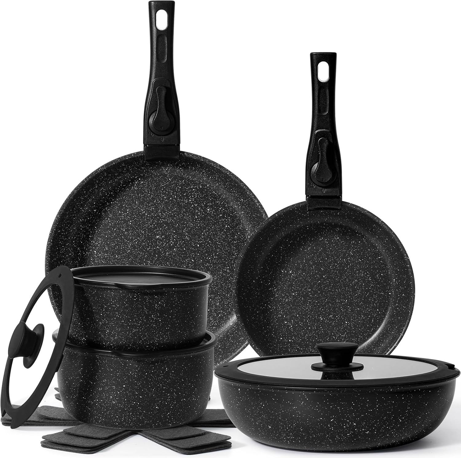 15Pcs Non Stick Pots & Pans Set, Cookware Sets with Detachable Handle in Black