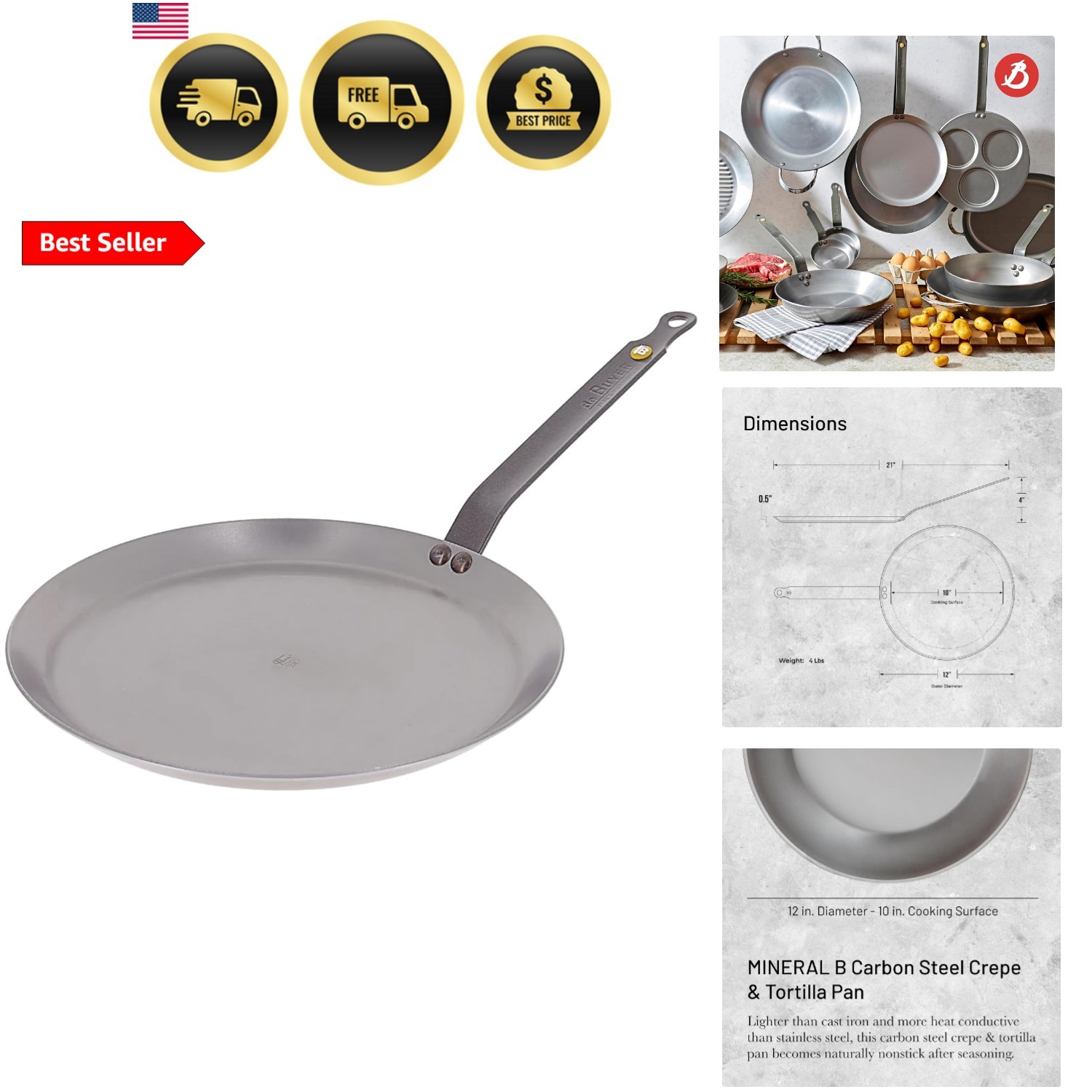 MINERAL B Carbon Steel Crepe & Tortilla Pan – 12” Diameter, 10” Cooking Surfa…