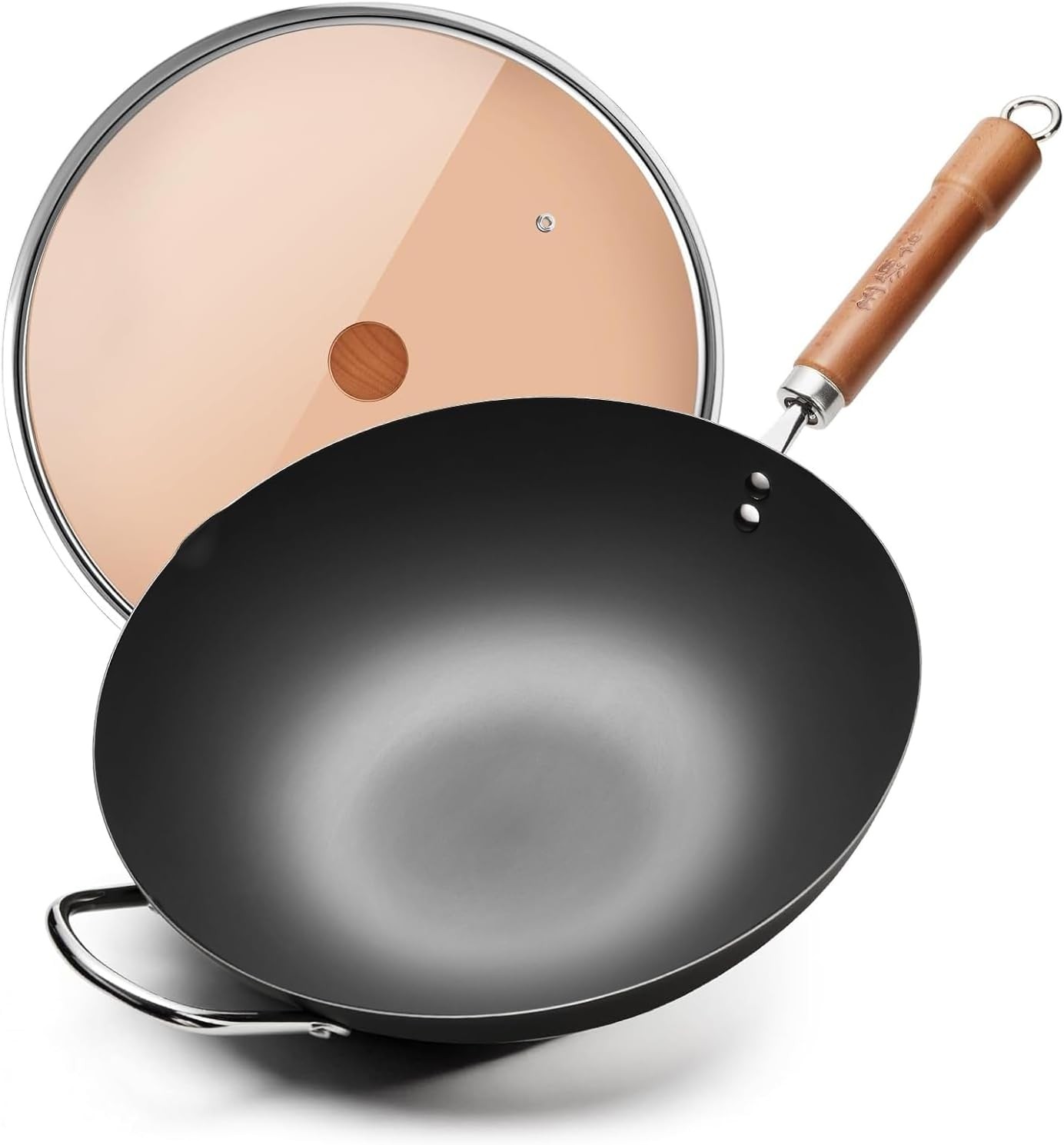 Carbon Steel Wok with Lid, 12.6 Inch Flat Bottom Wok Pan, Uncoated Stir Fry Pan