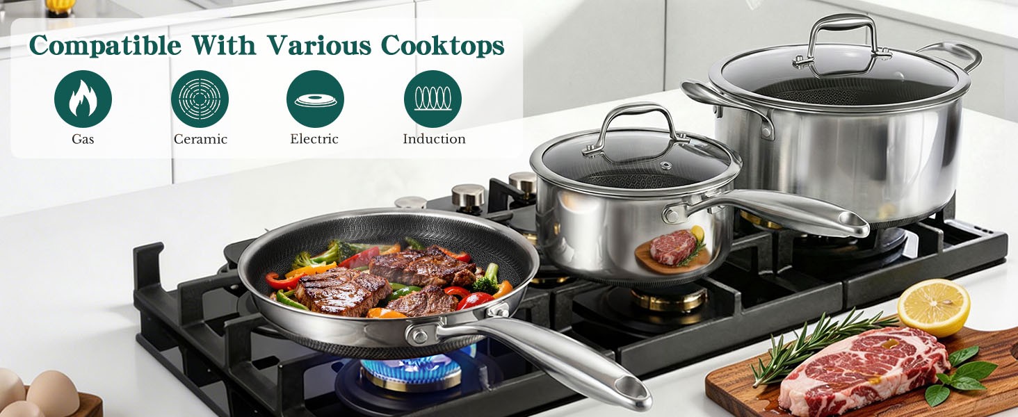 14-Piece Hybrid Stainless Steel Cookware Set, Pots and Pans Set with 3 Silicone