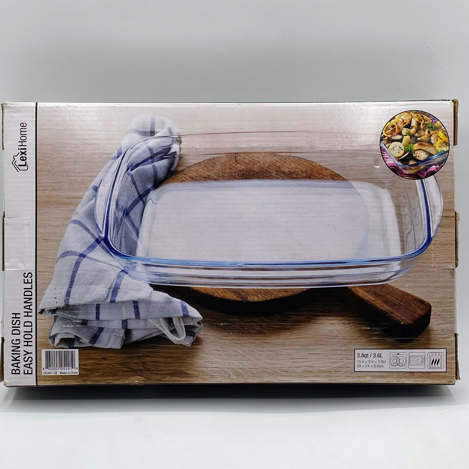 LexiHome Glass Casserole Baking Dish 3.8qt 3.6L Easy Hold Handles 15.4×9.4×2.6″