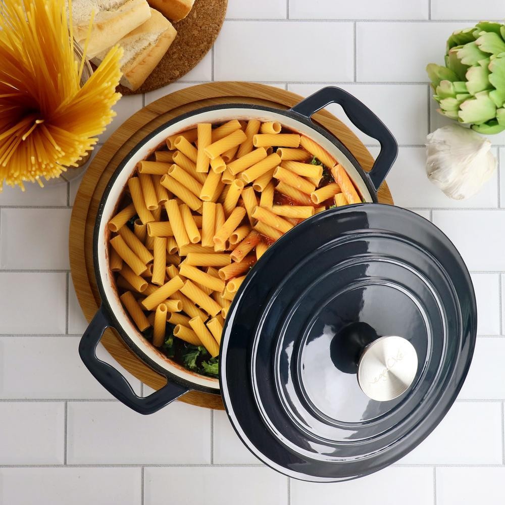 MegaChef Braiser Pan 2 qt Round Enameled Cast Iron Dark Blue Non-Stick Oven Safe