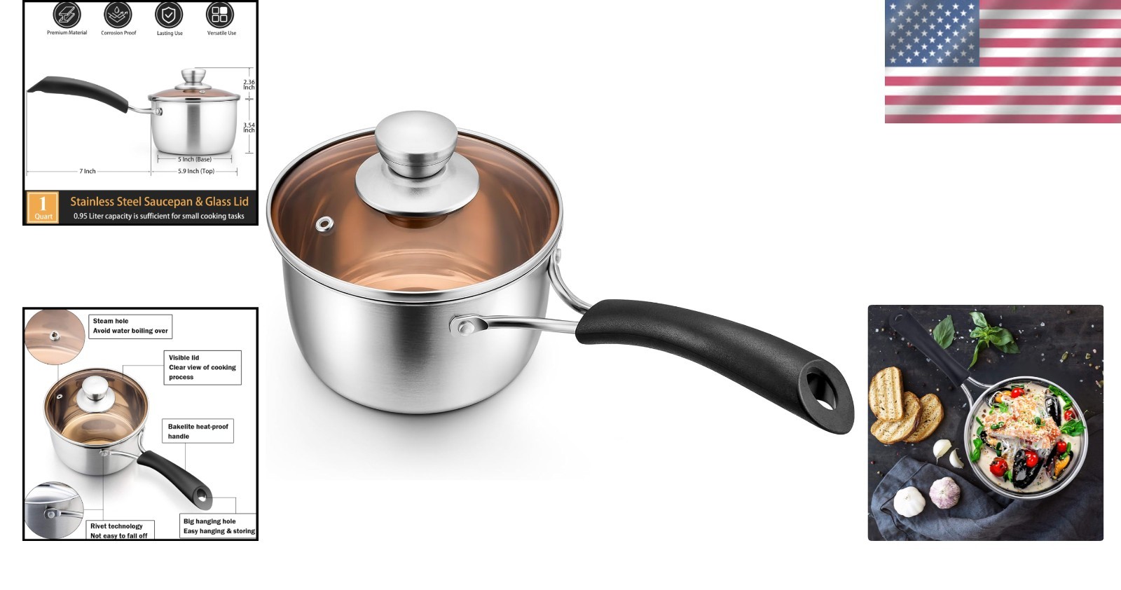 Elegant 1 Quart Saucepan in Stainless Steel with Visible Lid & Comfortable Grip