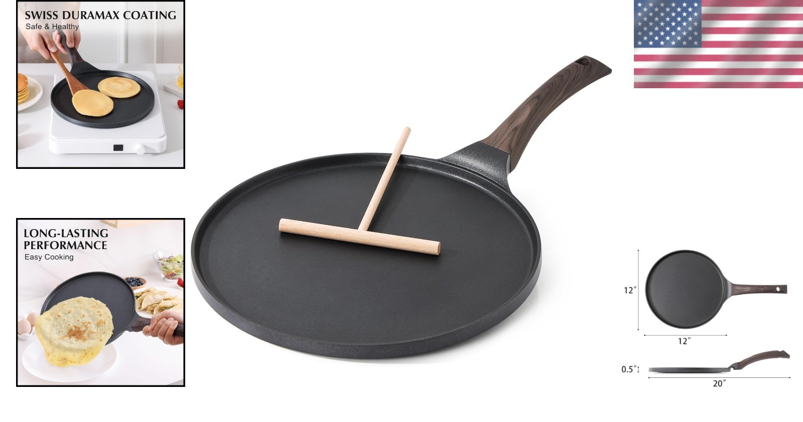 12-Inch Nonstick Crepe Pan with Swiss Granite Coating & Stay-Cool Handle