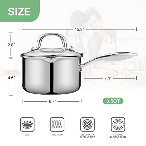 3.5 Quart Stainless Steel Pot Saucepan with Glass Strainer Lid, 3.5 QT saucepan