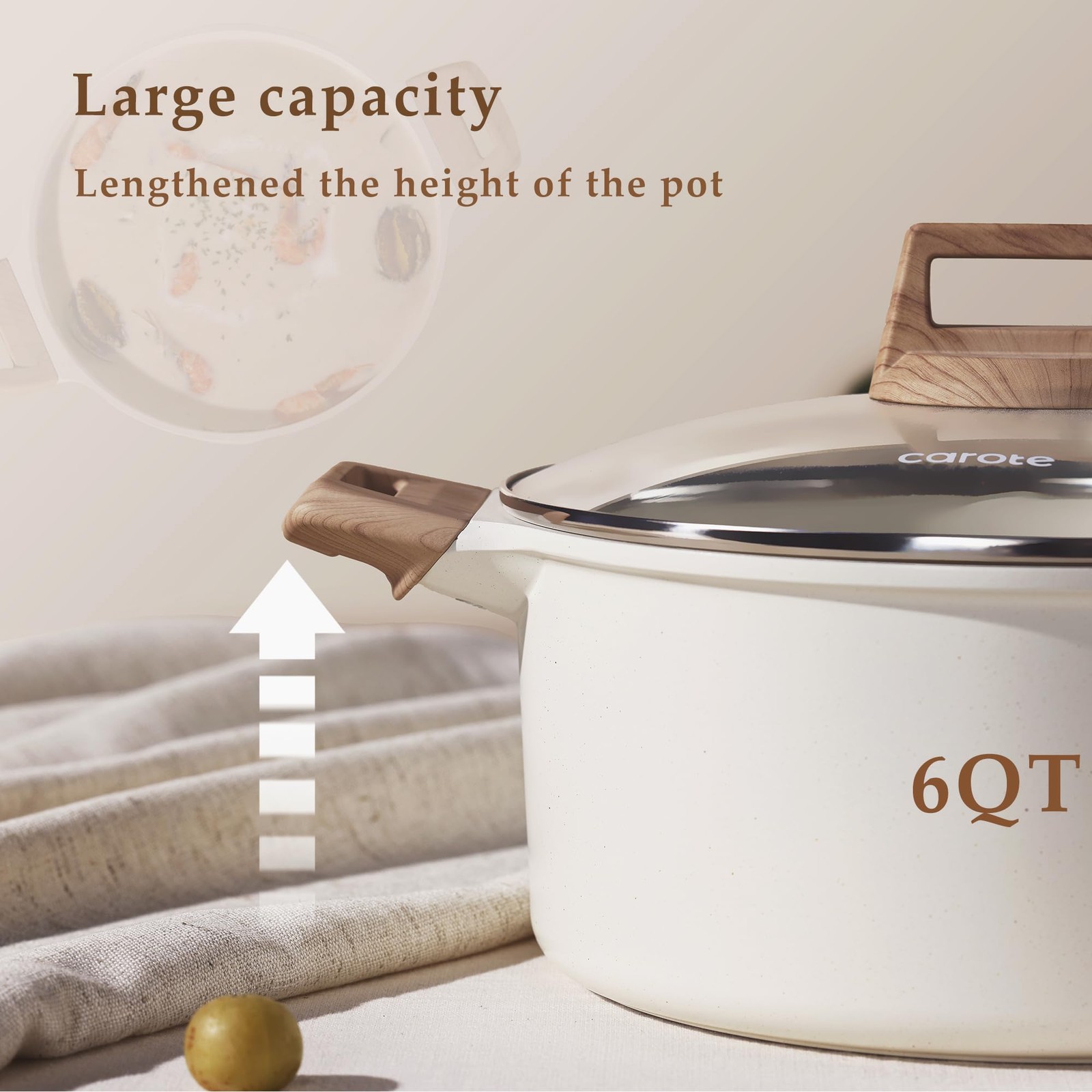 CAROTE Nonstick Stock Pot with Lid, 6 Quart White Granite