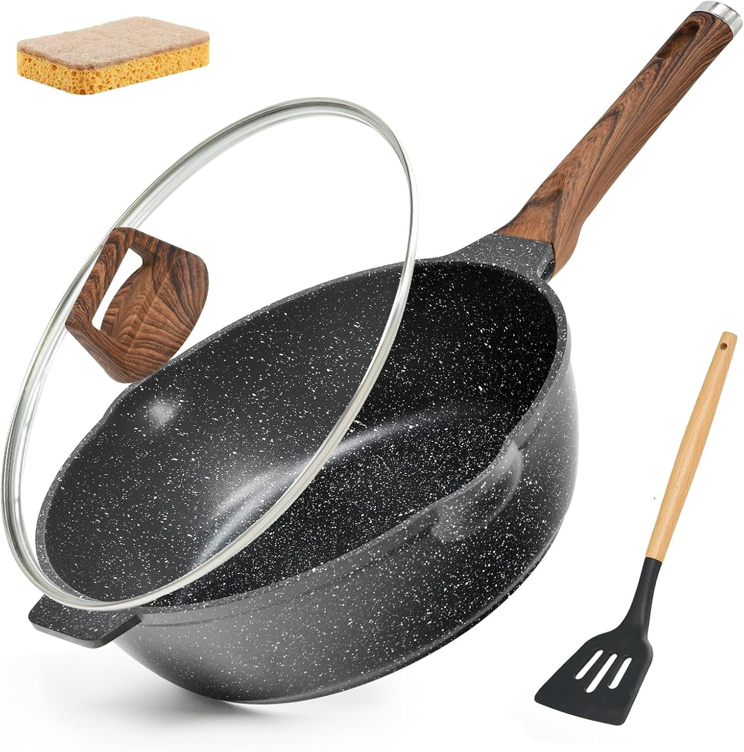 12″ Nonstick Deep Frying Pan with Lid and Spatula, Granite Stir-Fry Chef Skillet