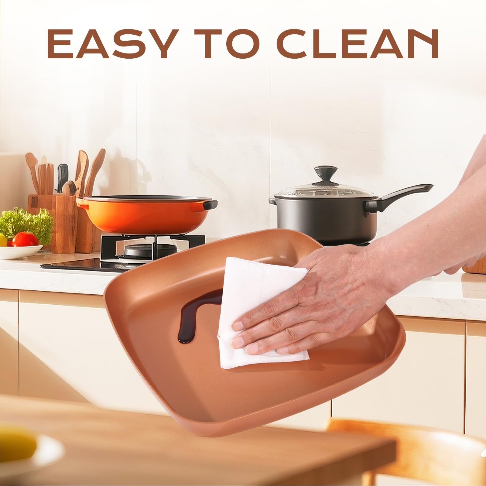 Non-Stick Copper Square Frying Pan, 12 Chef Skillet with Ceramic Coating, Oven D