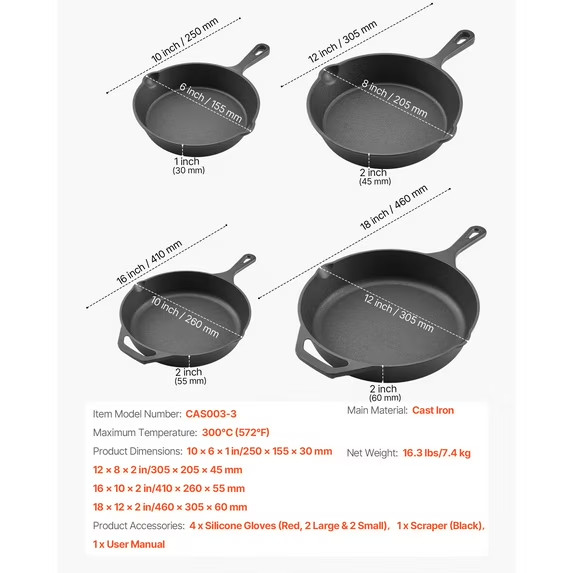 Cast Iron Skillet Set, 4-Piece Frying Pan Collection (6, 8, 10, 12 in)