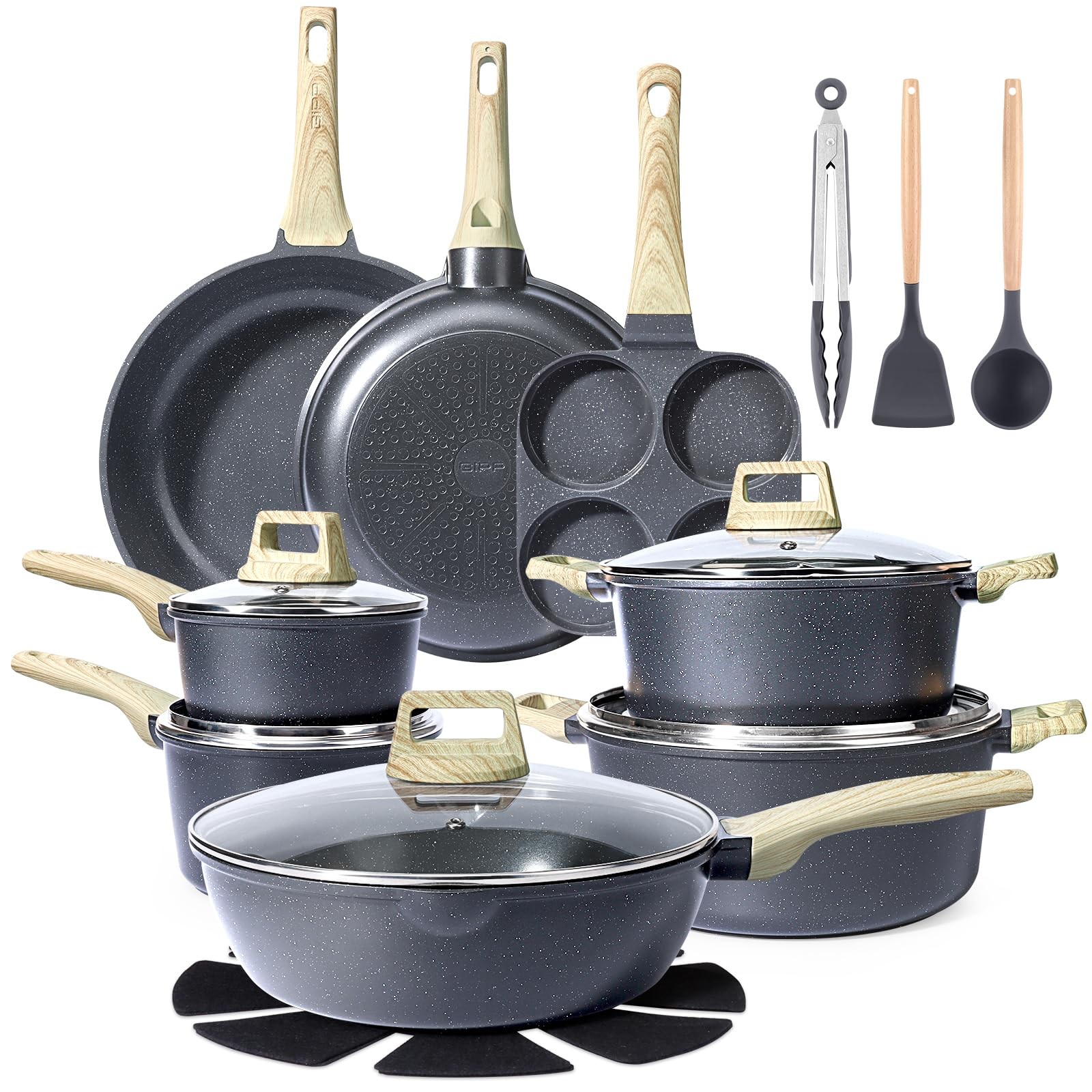 22pc Nonstick Cookware Set GiPP Dark Gray Healthy