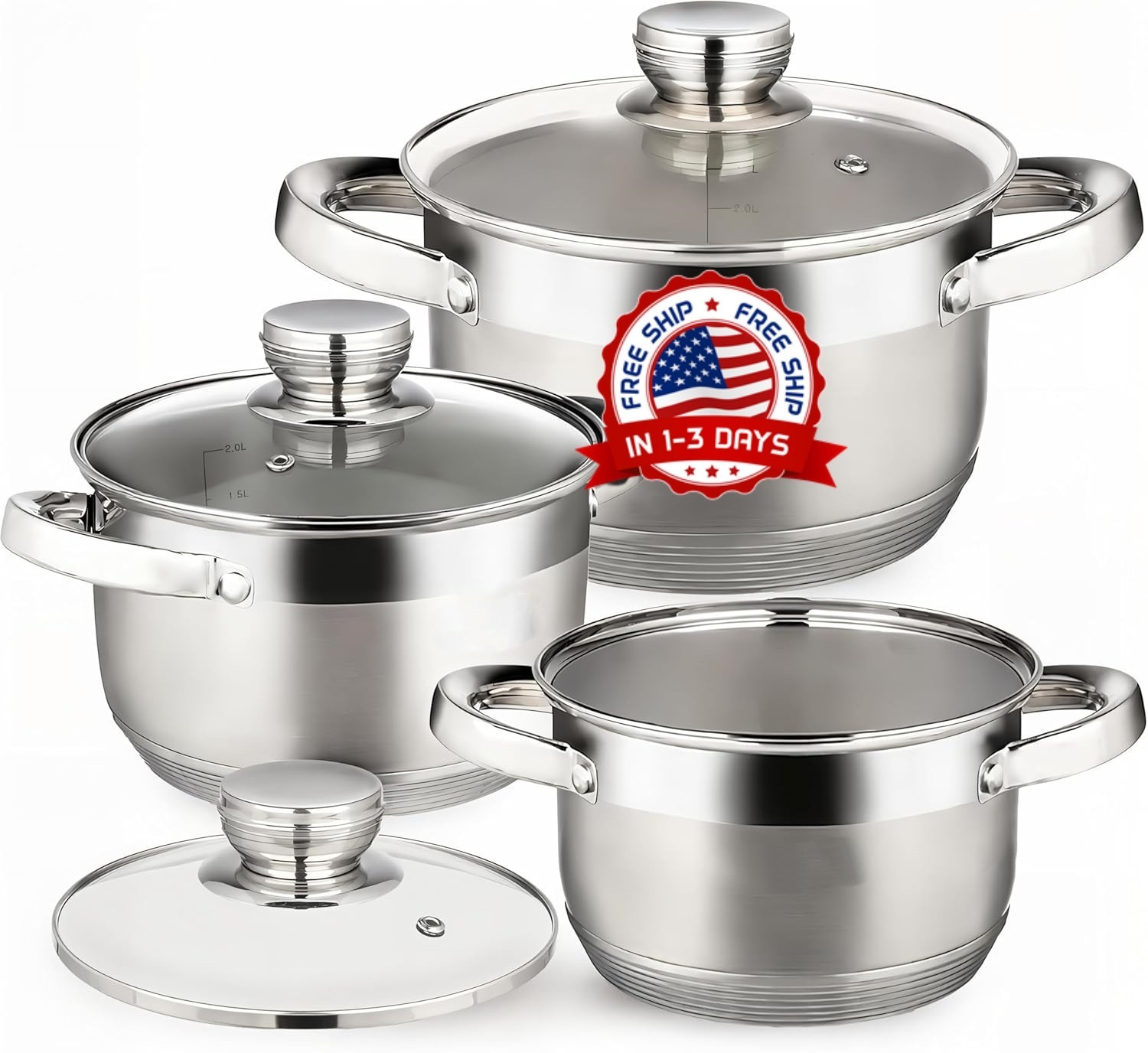 Juego De Ollas Para Cocina Acero Inoxidable Con Tapa 3 Ollas Calidad 6-Piece NEW