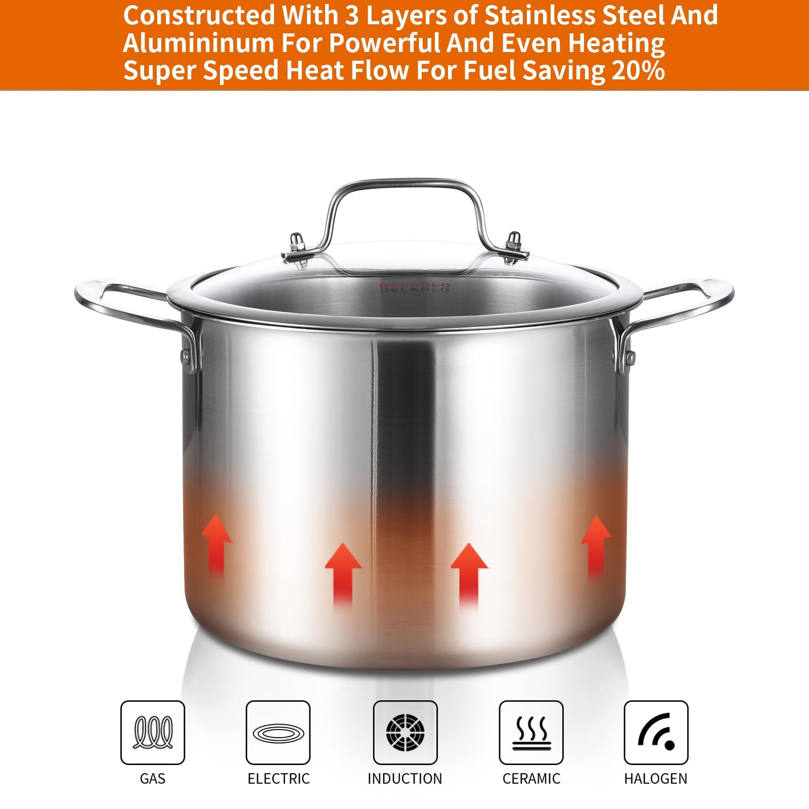 DELARLO Tri-Ply Stainless Steel 8 Quart Stock Pot, Heavy-Duty, All Stove Comp…