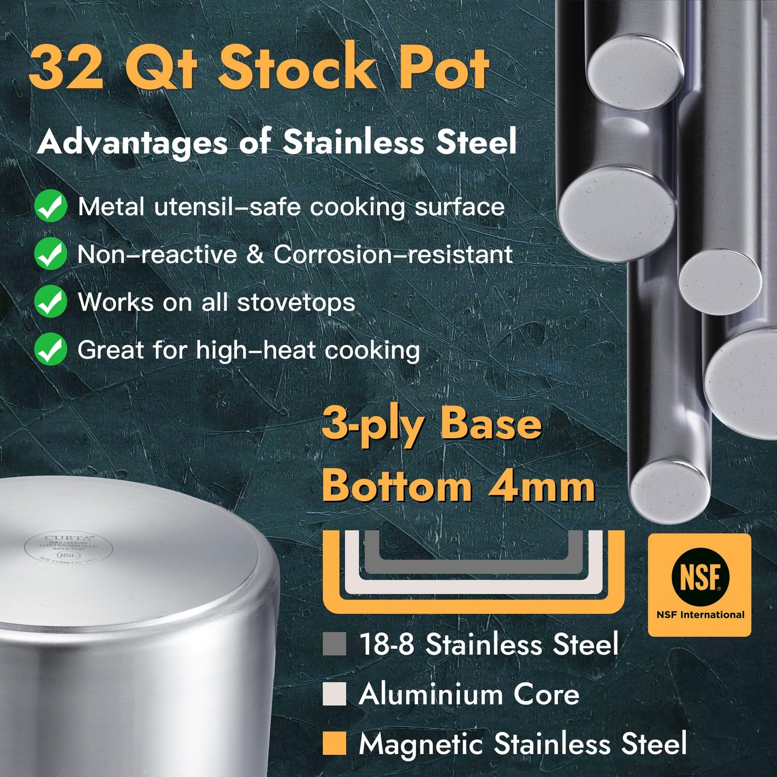 Curta 20 Quart Large Stock Pot Lid Nsf Listed 3-Ply 18/8 Stainless Steel