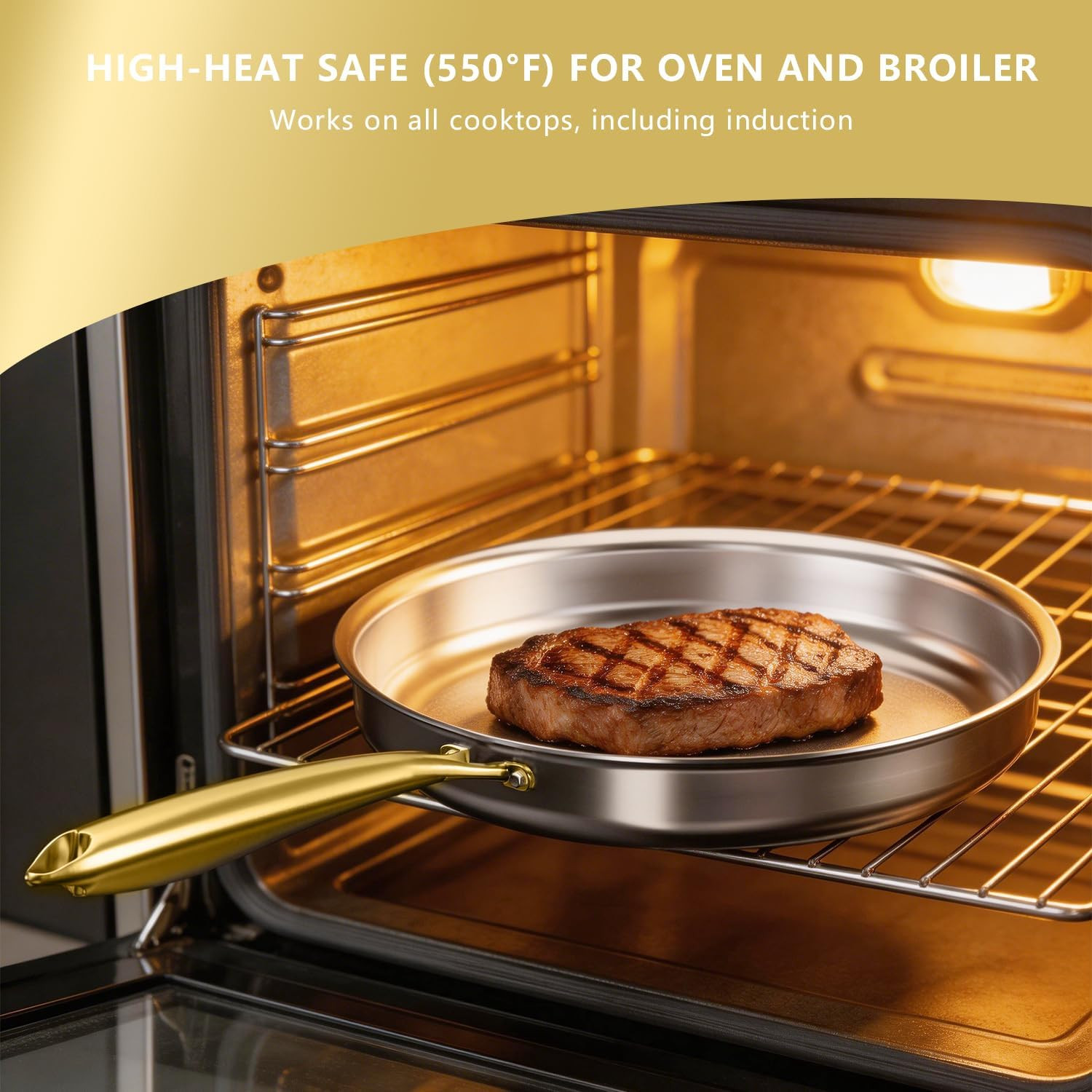 Tri-Ply Stainless Steel Frying Pan, Compatible with All Cooktops Up to 600℉, Lar