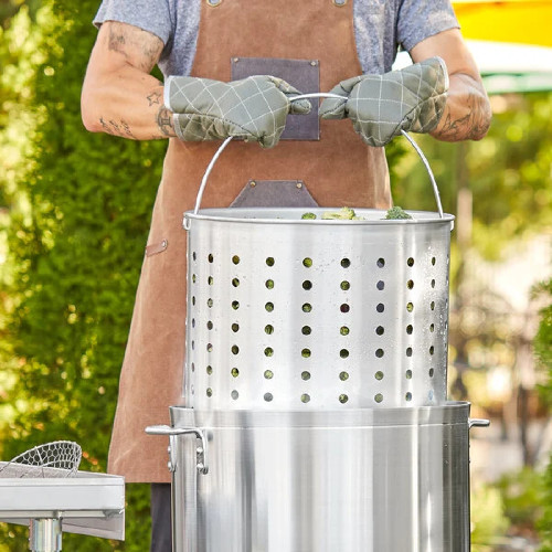 80 Qt. Aluminum Stock Pot Perforated Steamer Basket with Handle Footed Base