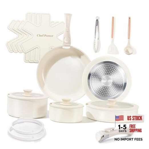 Ceramic Cookware Set Non Toxic with Detachable Handles, Healthy Cream White