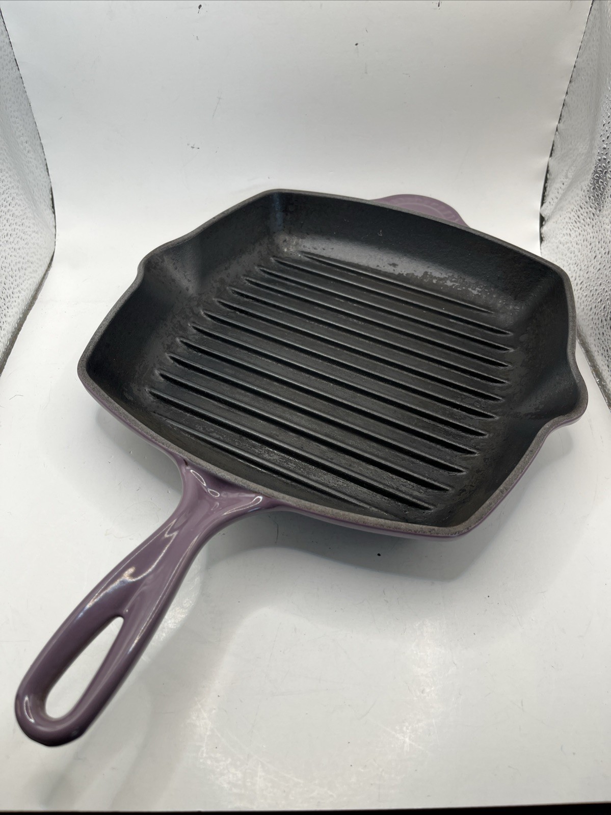 Le Creuset Signature Cast Iron Violet Purple Square Skillet Grill Pan Used