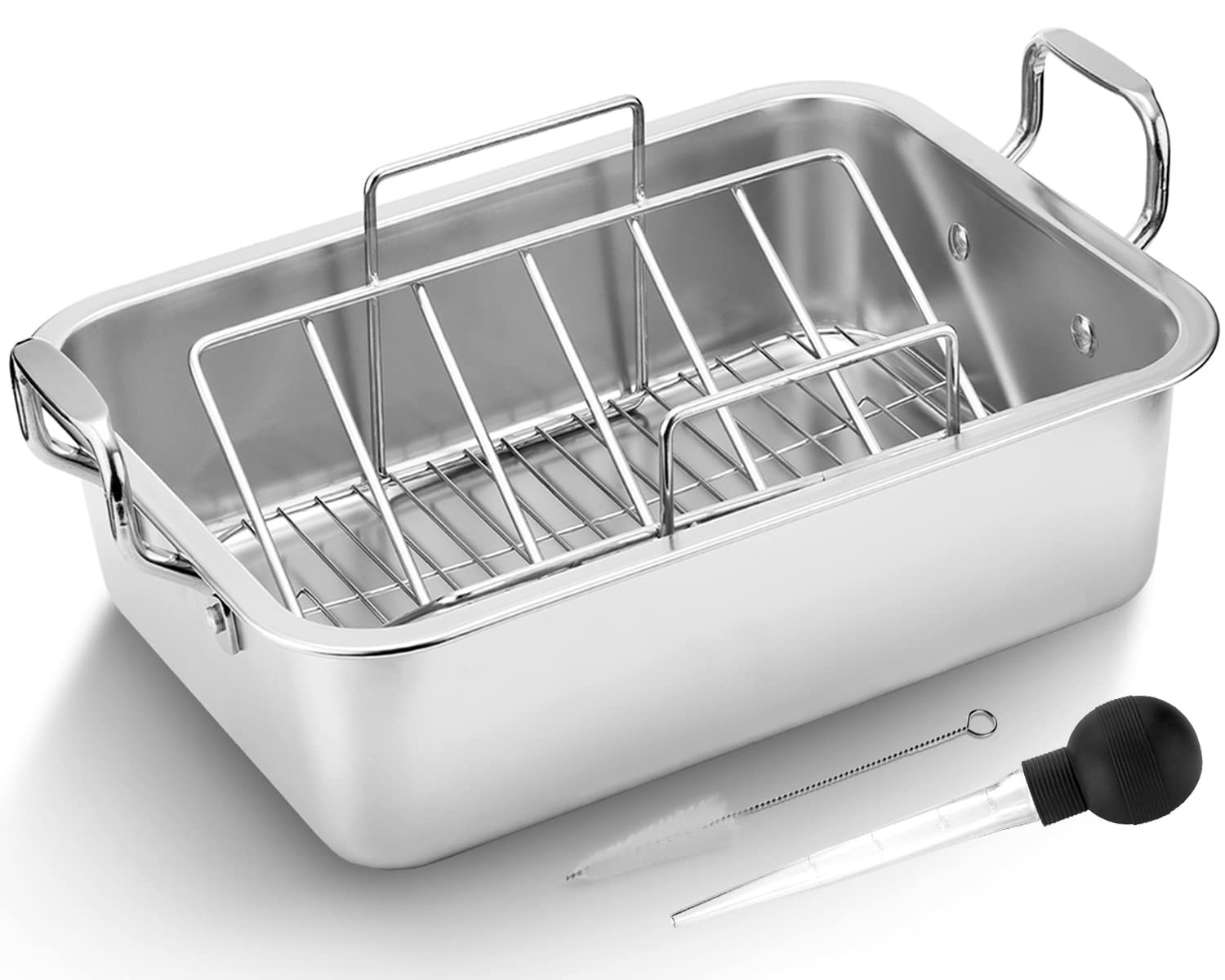 15″ Stainless Steel Roasting Pan with Cooling Rack – V-Shaped Turkey & Chicken R