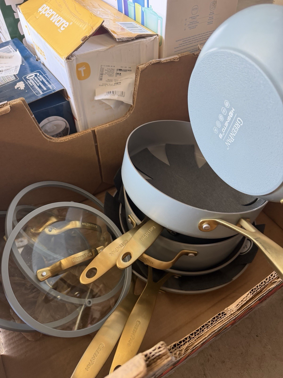 GreenPan Jewel Pro 11 Piece Ceramic Nonstick Cookware Set Gold Handles Used