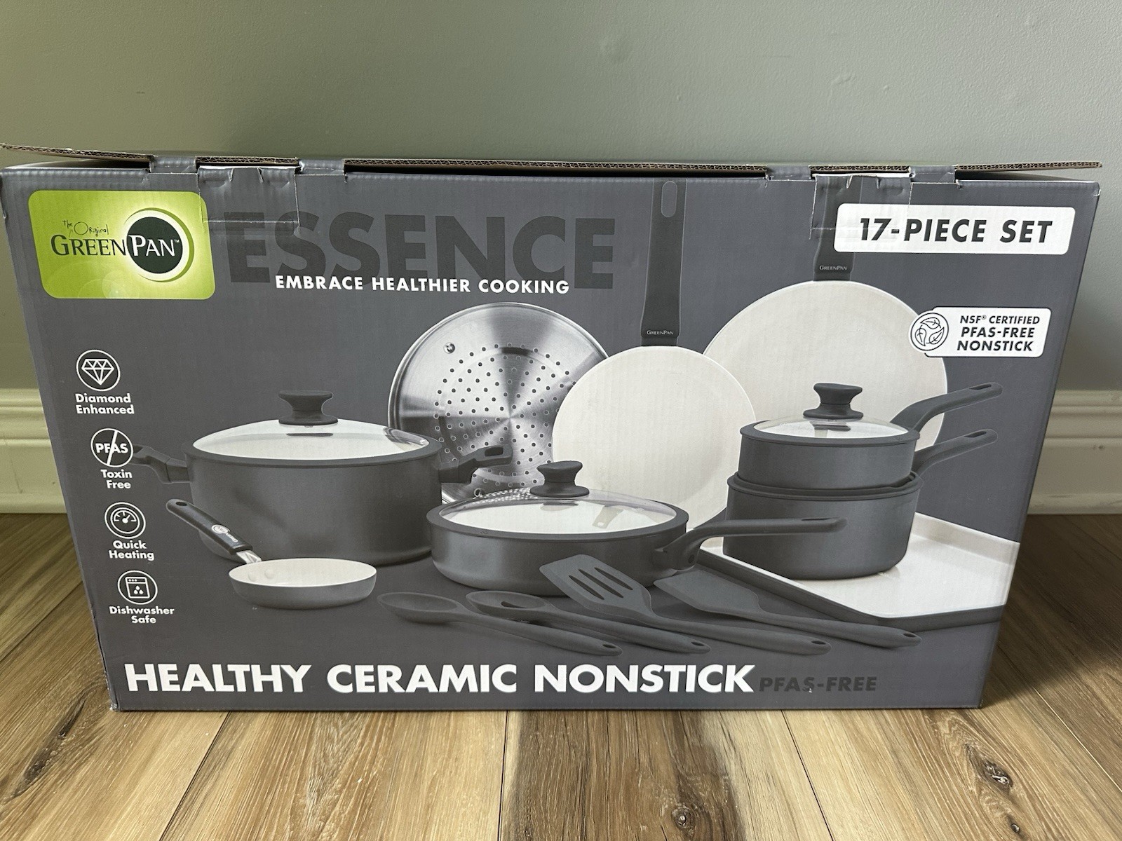 GreenPan Essence 17 Piece Cookware Set Non-Toxic Ceramic Nonstick Pots & Pans