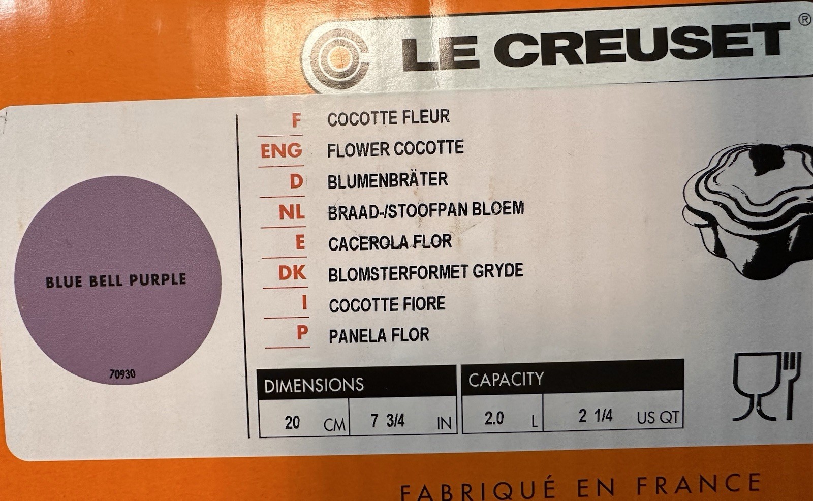 Le Creuset Flower Cast Iron Cocotte 2.25 Qt. Blue Bell Purple w/Flower Knob. NIB