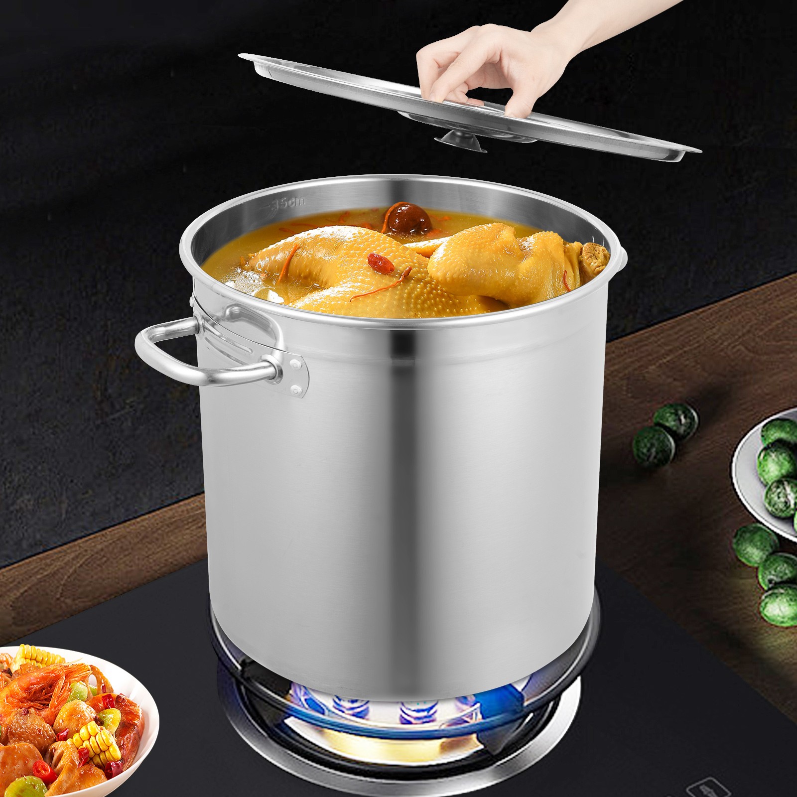 Kitchen Soup Big Cooking with Lid 35L Large Stock Pot Stainless For Restaurant