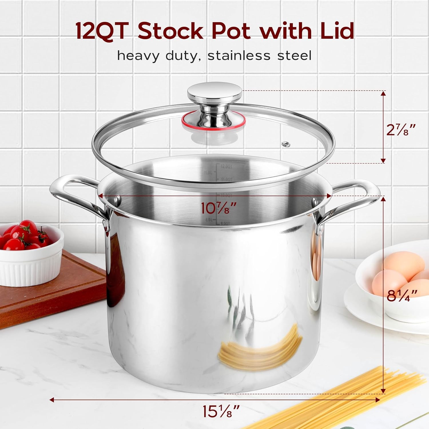 12QT Large Stainless Steel Stock Pot with Lid, Tri-ply Cooking Soup Stockpot